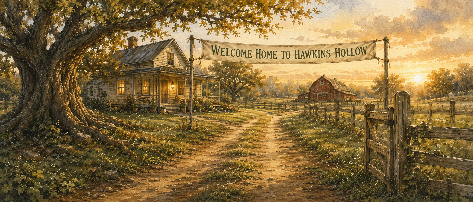 Welcome Home to Hawkins Hollow banner showing the farmhouse, red barn, oak tree, and front gate.